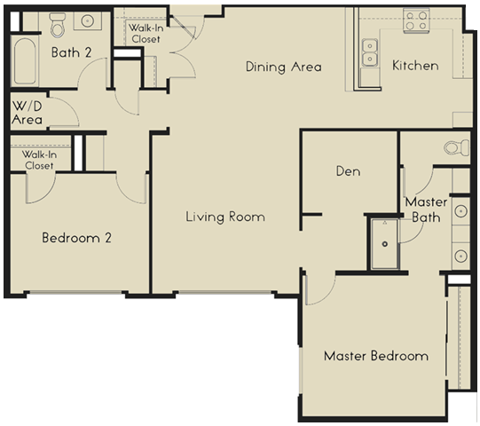 Floor plan for 2 beds, 2 baths, 1368 sqft